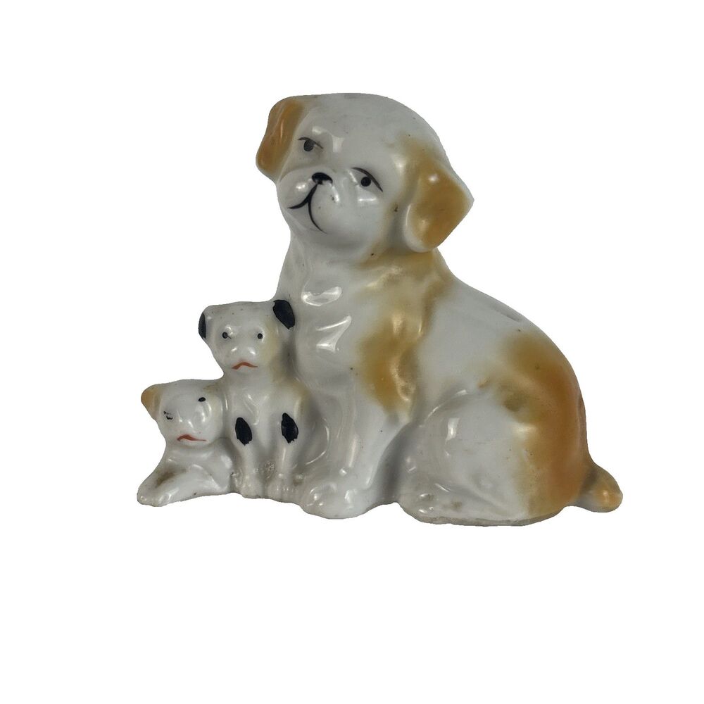 Spaniel Dog Family Porcelain Figurine Mom and 2 Puppies Babies Japan 2.5" Tall